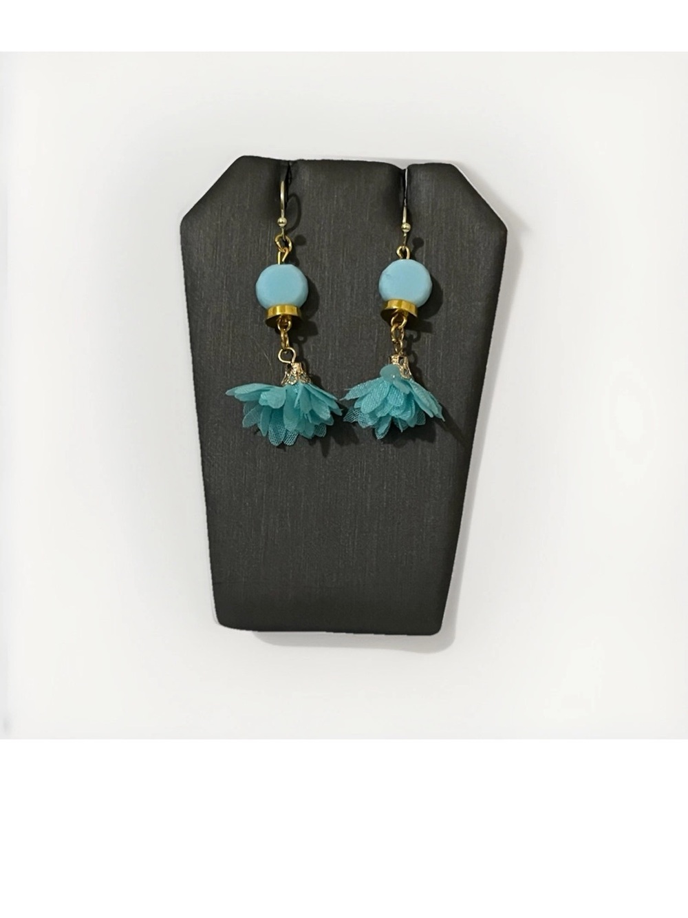 Turquoise Boho Flower Tassel Dangle Earrings Blue Bead Gold Tone Boho Drop
